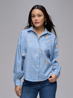 Twenty Dresses by Nykaa Fashion - Blue Floral Collared Batwing Sleeves Oversized Shirt