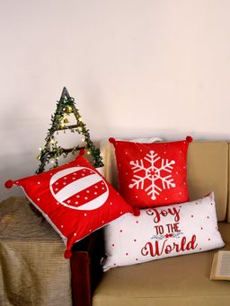 Indigifts - Christmas Gift Set Joy Of the Word Quotes Printed Reversible Cushion Set Of 3, Red, White