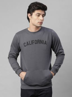 RIGO - Men Dark Grey California Print Round Neck Fleece Sweatshirt