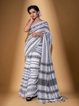 Beatitude - White Cotton Woven Saree with Unstitched Blouse