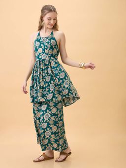 Globus - Women Teal Floral Print Tie-Up Halter Neck Co-Ord Set