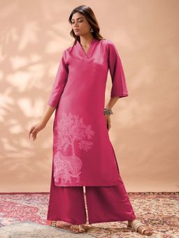 Globus - Women Pink Printed V-Neck Kurta and Palazzo