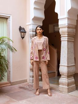 AADEWS - Brown Floral Embroidered Blazer with Co-Ord Set