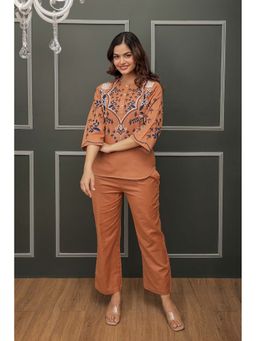 AADEWS - Brown Embroidered Liva Co-Ord Set