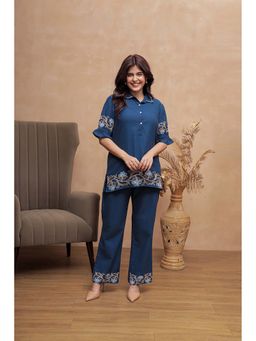 AADEWS - Navy Blue Textured and Embroidered Co-Ord Set