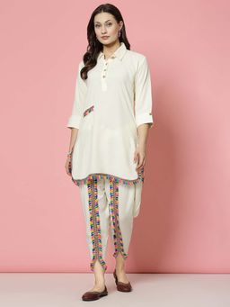 Clora Creation - Off White Solid Shirt Collar Kurti with Dhoti