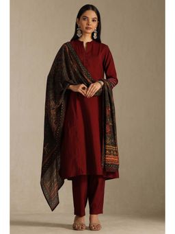 Soch - Maroon Silk Blend Solid Kurta with Pant and Printed Dupatta