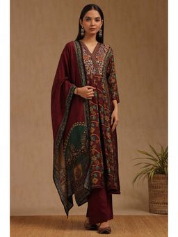 Soch - Maroon Russian Silk Floral Print Kurta with Palazzo and Dupatta