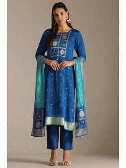 Soch - Navy Blue Organza Zari Woven Kurta with Pant and Dupatta