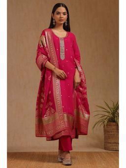 Soch - Fuchsia Pink Organza Zari Woven Kurta with Pant and Dupatta