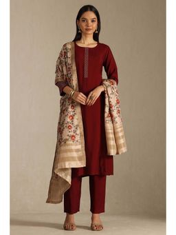 Soch - Maroon Silk Blend Solid Kurta with Pant and Printed Dupatta