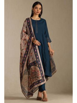 Soch - Teal Blue Silk Blend Woven Kurta with Pant and Printed Dupatta