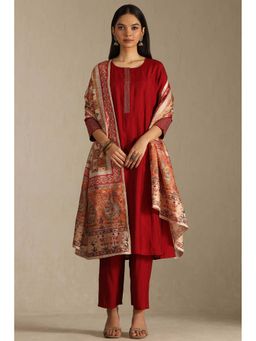 Soch - Red Silk Blend Woven Kurta with Pant and Printed Dupatta
