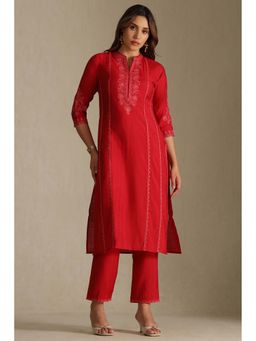 Soch - Red Art Silk Embroidered Kurta with Pant