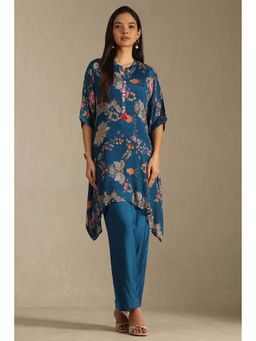 Soch - Navy Blue Chinon Floral Print Kaftan with Pant and Inner Slip
