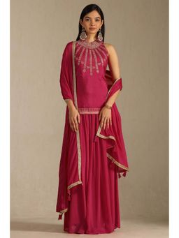 Soch - Fuchsia Pink Chinon Embroidered Top with Palazzo and Dupatta