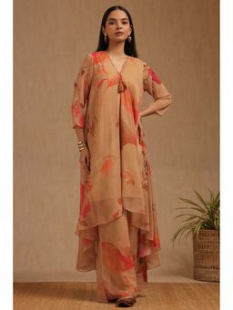 Soch - Beige Chiffon Botanical Print with Tassel Co-Ord Set