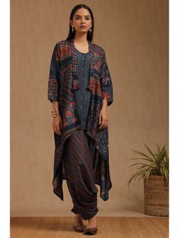 Soch - Navy Blue Muslin Printed Kurti with Jacket and Salwar