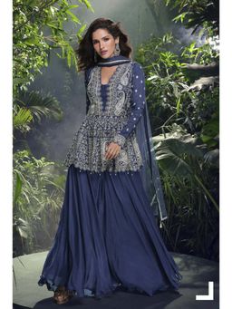 JATRIQQ - Navy Blue Chinon Silk Embroidered Kurti with Palazzo and Dupatta