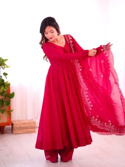 JATRIQQ - Red Fendy Silk Solid Anarkali Kurta with Pant and Dupatta