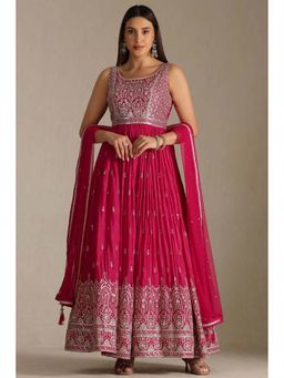 Soch - Pink Embroidered Anarkali Kurta with Unstitched Sleeves Churidar and Dupatta