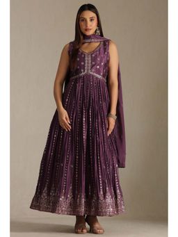 Soch - Purple Embroidered Anarkali Kurta with Unstitched Sleeves Churidar and Dupatta