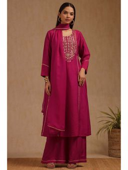 Soch - Fuchsia Pink Dola Silk Embellished Kurta with Palazzo and Dupatta