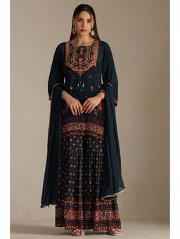 Soch - Teal Floral Print Mirror Work Kurti with Sharara and Dupatta