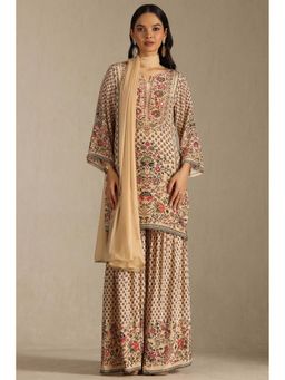 Soch - Beige Crepe Floral Print Kurti with Sharara and Dupatta