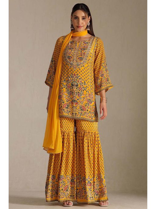 Soch Yellow Crepe Floral Print Kurti with Sharara and Dupatta