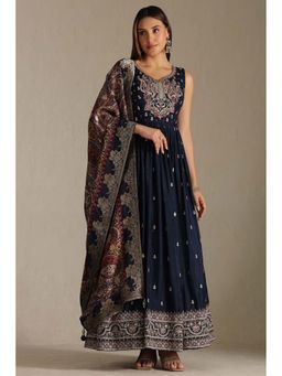Soch - Navy Blue Embroidered Anarkali Kurta with Unstitched Sleeves Churidar and Dupatta