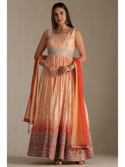 Soch - Peach Chinon Embroidered Anarkali Kurta with Unstitched Sleeves Churidar and Dupatta