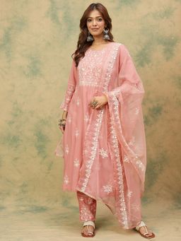 Varanga - Peach Embroidered Kurta with Pant and Dupatta