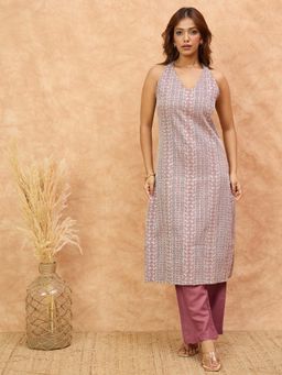 Varanga - Women Mauve Woven Design Sleeveless Kurta with Solid Pant