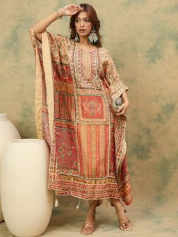Varanga - Printed Gota Work Embellished Kaftan Kurta with Dhoti and Inner