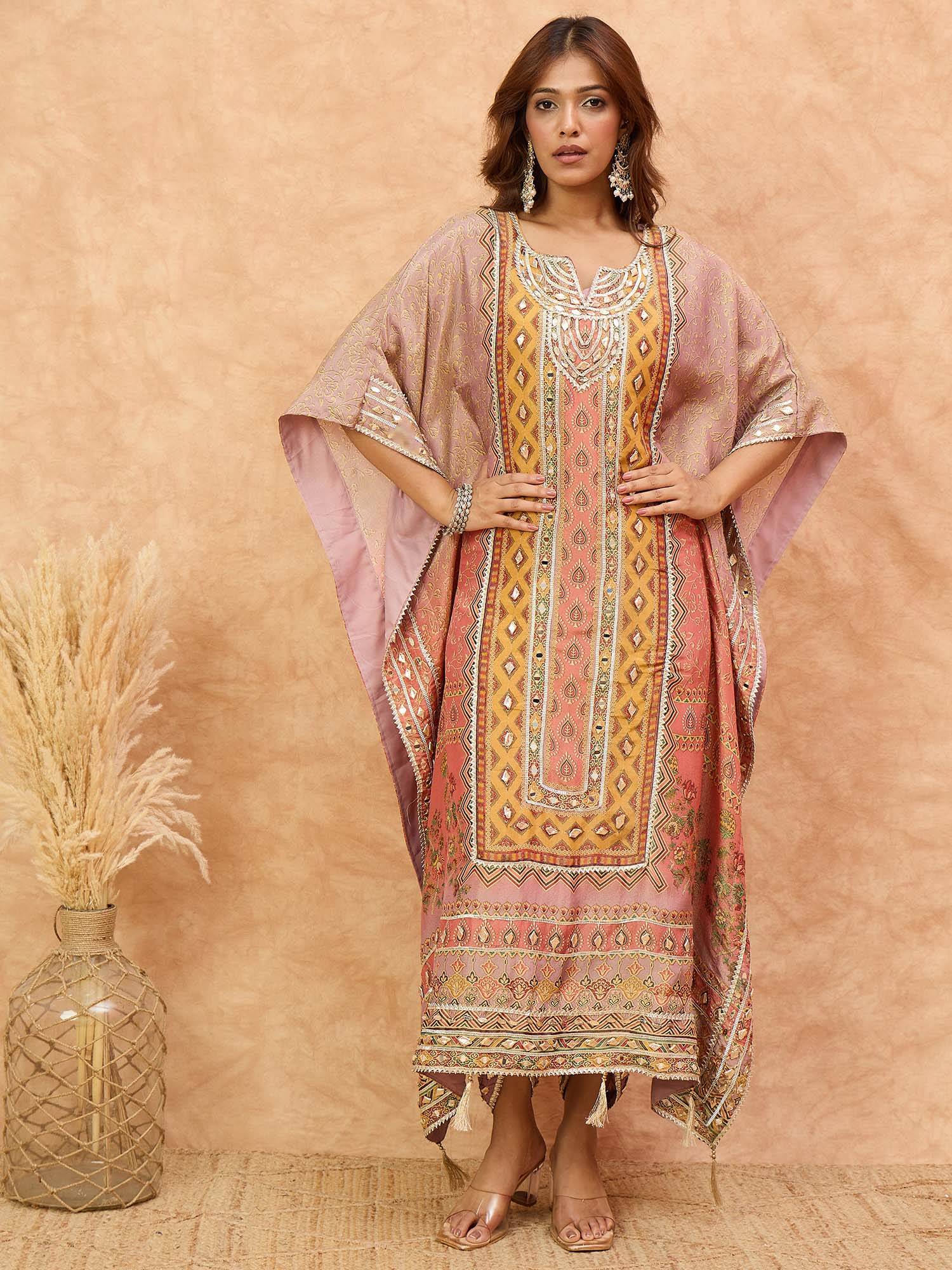Printed Gota Work Embellished Kaftan Kurta with Dhoti and Inner