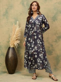 Varanga - Navy Blue Floral Printed V Neck Kurta with Stripe Pant