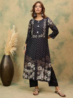 Varanga - Black Floral and Polka Dot Printed Kurta and Pant