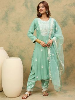 Varanga - Women Sea Green Embroidered Kurta with Pant and Dupatta