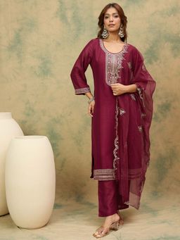 Varanga - Maroon Zari and Sequin Embroidered Kurta with Pant and Dupatta