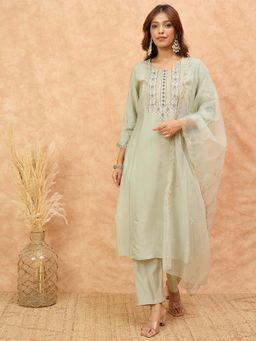 Varanga - Green Embroidered Yoke Kurta with Pant and Dupatta
