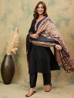 Varanga - Women Black Embroidered Kurta with Pant and Printed Dupatta