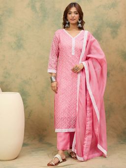 Varanga - Pink Floral Embroidered Thread Work Kurta with Pant and Dupatta