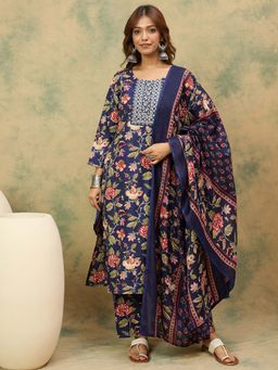 Varanga - Navy Blue Floral Printed Kurta with Pant and Dupatta