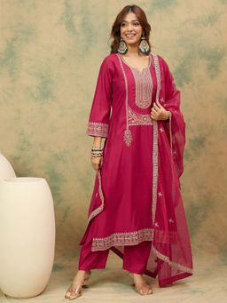 Varanga - Pink Embroidered A Line Kurta with Pant and Dupatta