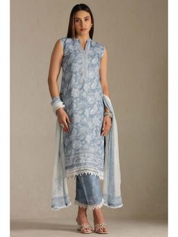Soch - Grey Linen Floral Print Kurta with Pant and Dupatta