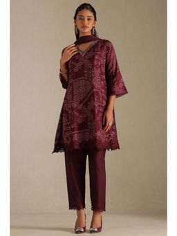 Soch - Maroon Russian Silk Printed Kurta with Pant and Dupatta