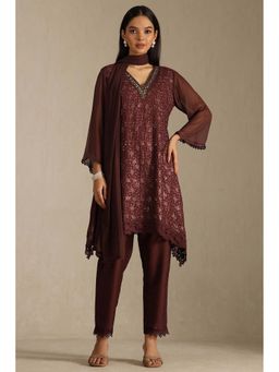 Soch - Brown Georgette Embroidered Kurti with Pant and Dupatta