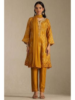 Soch - Mustard Russian Silk Bandhani Print Kurta with Pant and Dupatta