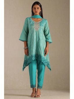 Soch - Turquoise Tissue Embroidered Kurti with Pant and Dupatta